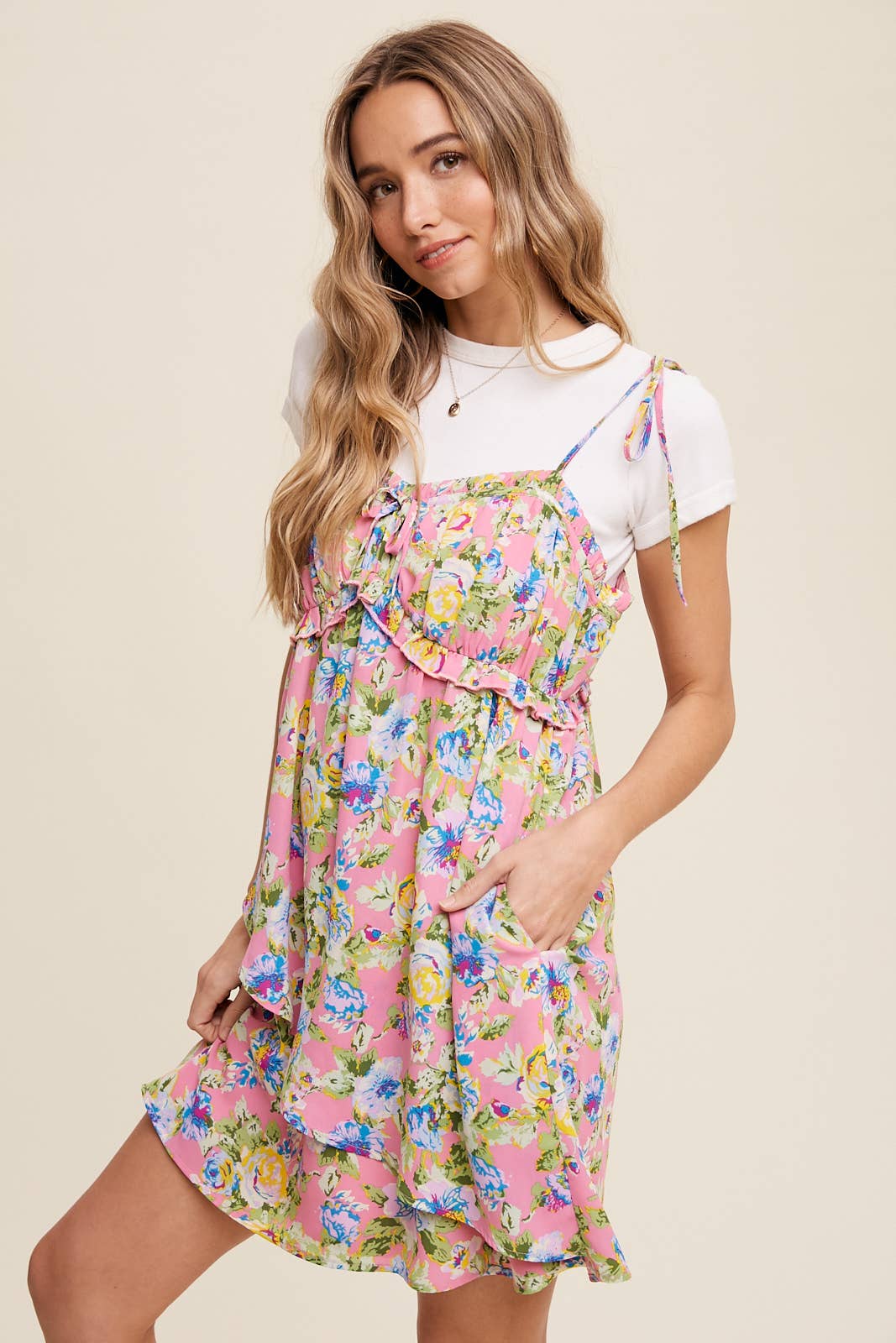 Floral Ruffle Detail Tie-Strap Dress