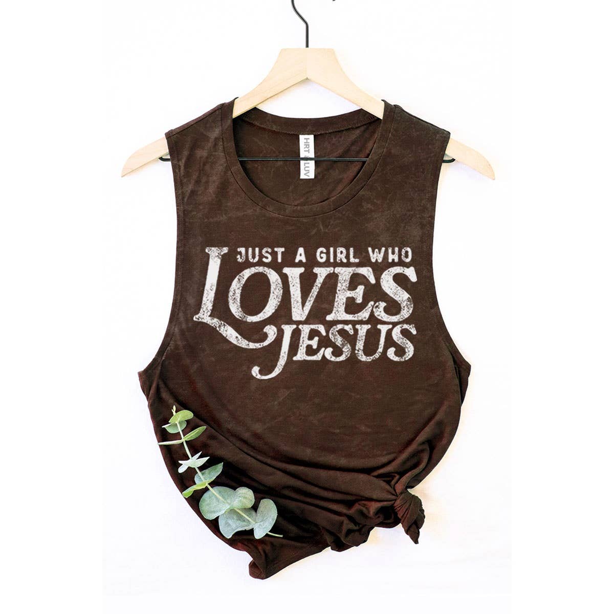 JUST A GIRL WHO LOVES JESUS GRAPHIC TANK TOP: Mineral Chocolate
