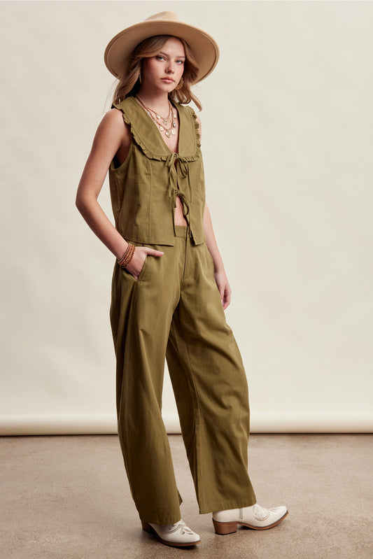 Ruffle Collar Tie-Front Twill Pants Set