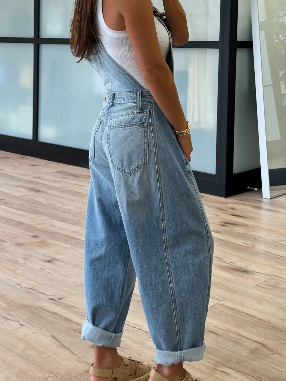 Adjustable Buckle Barrel Denim Overalls