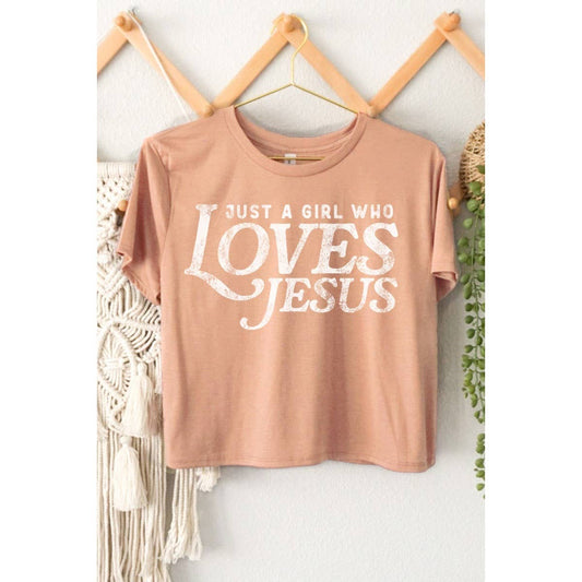 JUST A GIRL WHO LOVES JESUS GRAPHIC CROP TOP