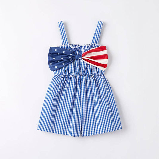 Girls July 4th Blue Plaid Flag Bow Jumpsuit