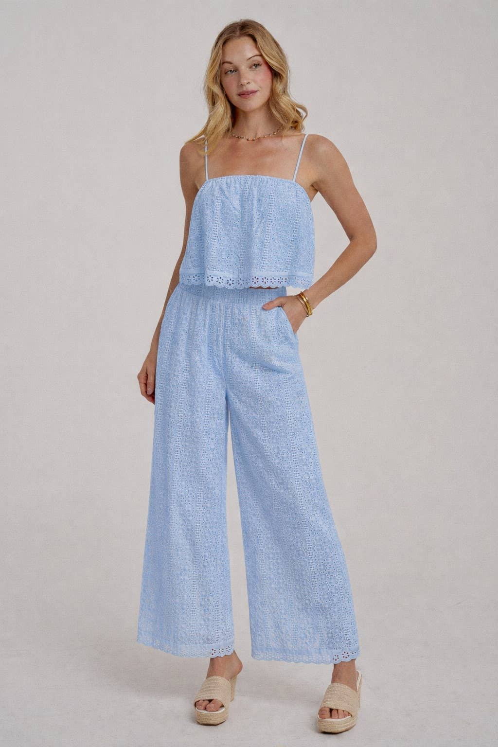 EYELET LACE CROPPED CAMI TOP AND WIDE LEG PANTS SUMMER SET