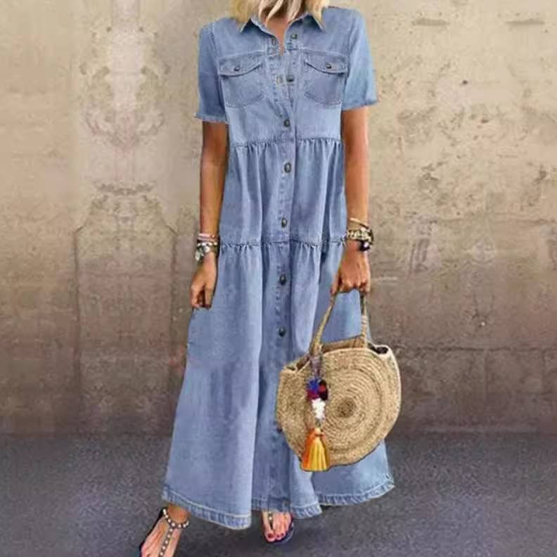Women's Long Denim Dress with Button Front