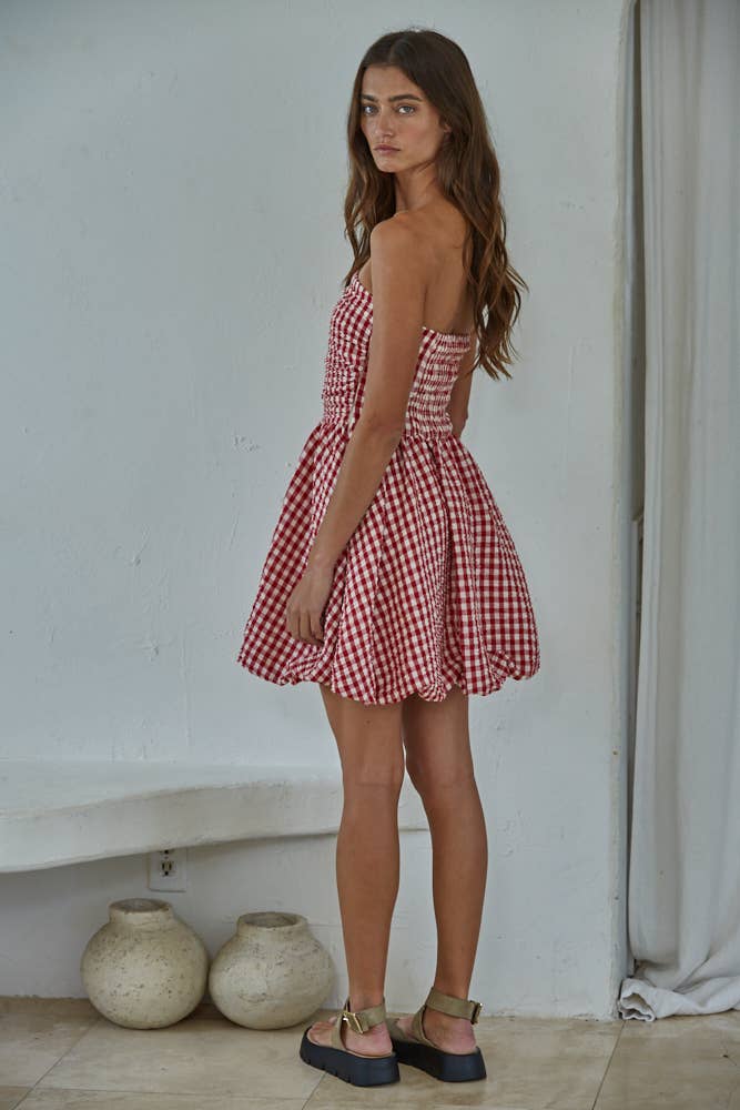 Woven Polyester Gingham Print Smocking Tube Mini