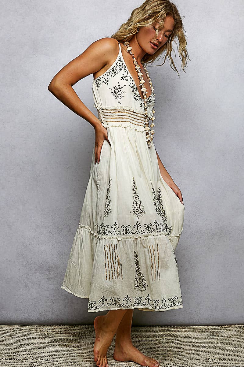 V-neck Sleeveless Smocked Band Ruffle Woven Dress
