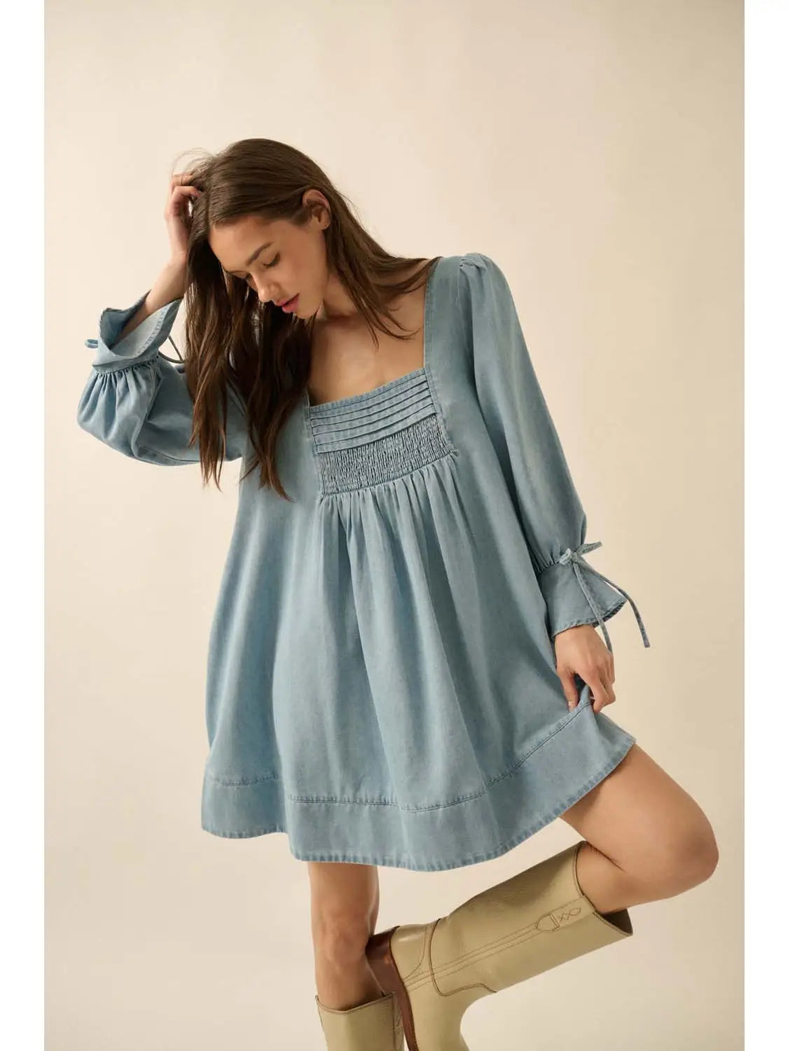 Denim Square-Neck Long-Sleeve Babydoll Mini Dress
