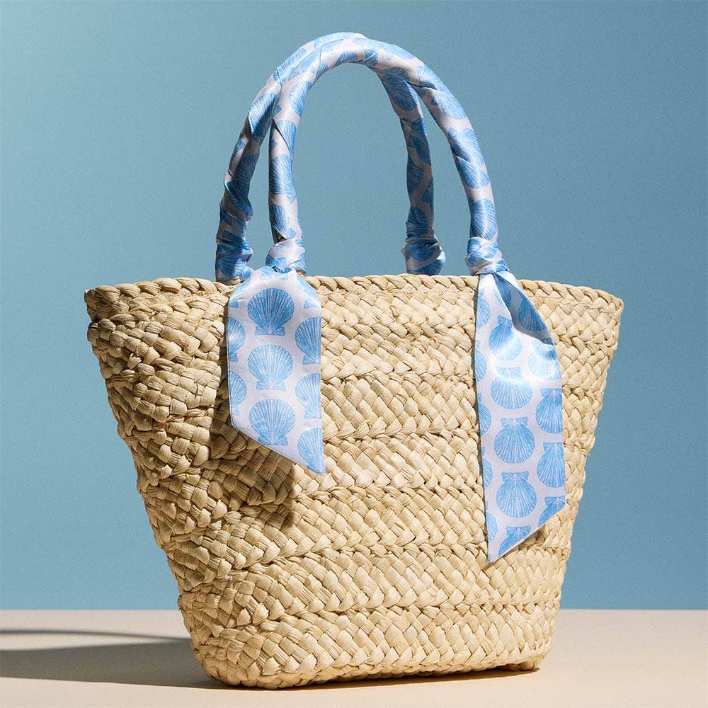 Shell Print Fabric Scarf Wrapped Handle Raffia Tote Bag