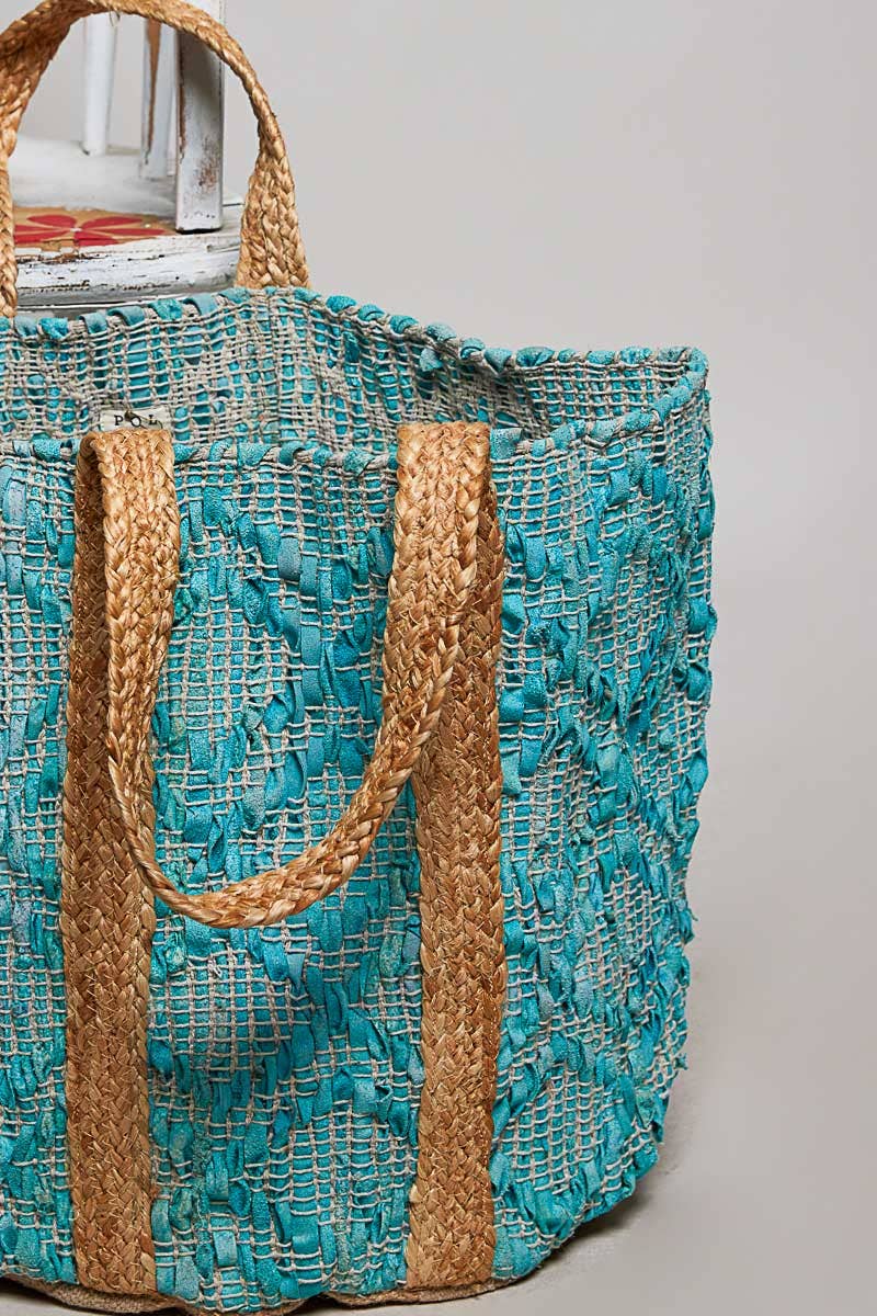 Handwoven Bohemian Style Teal Turquoise Tote Bag