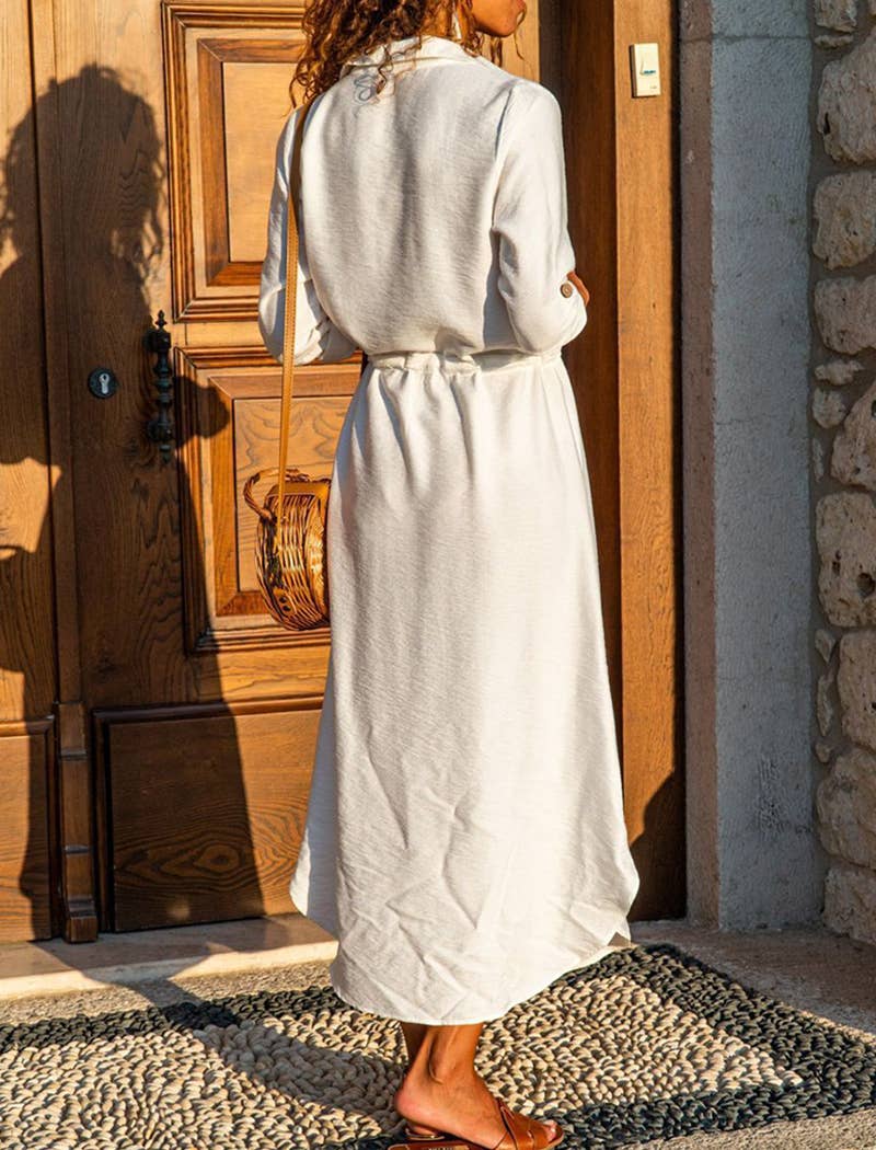 Elegant Button-Down Dress with Waist Tie