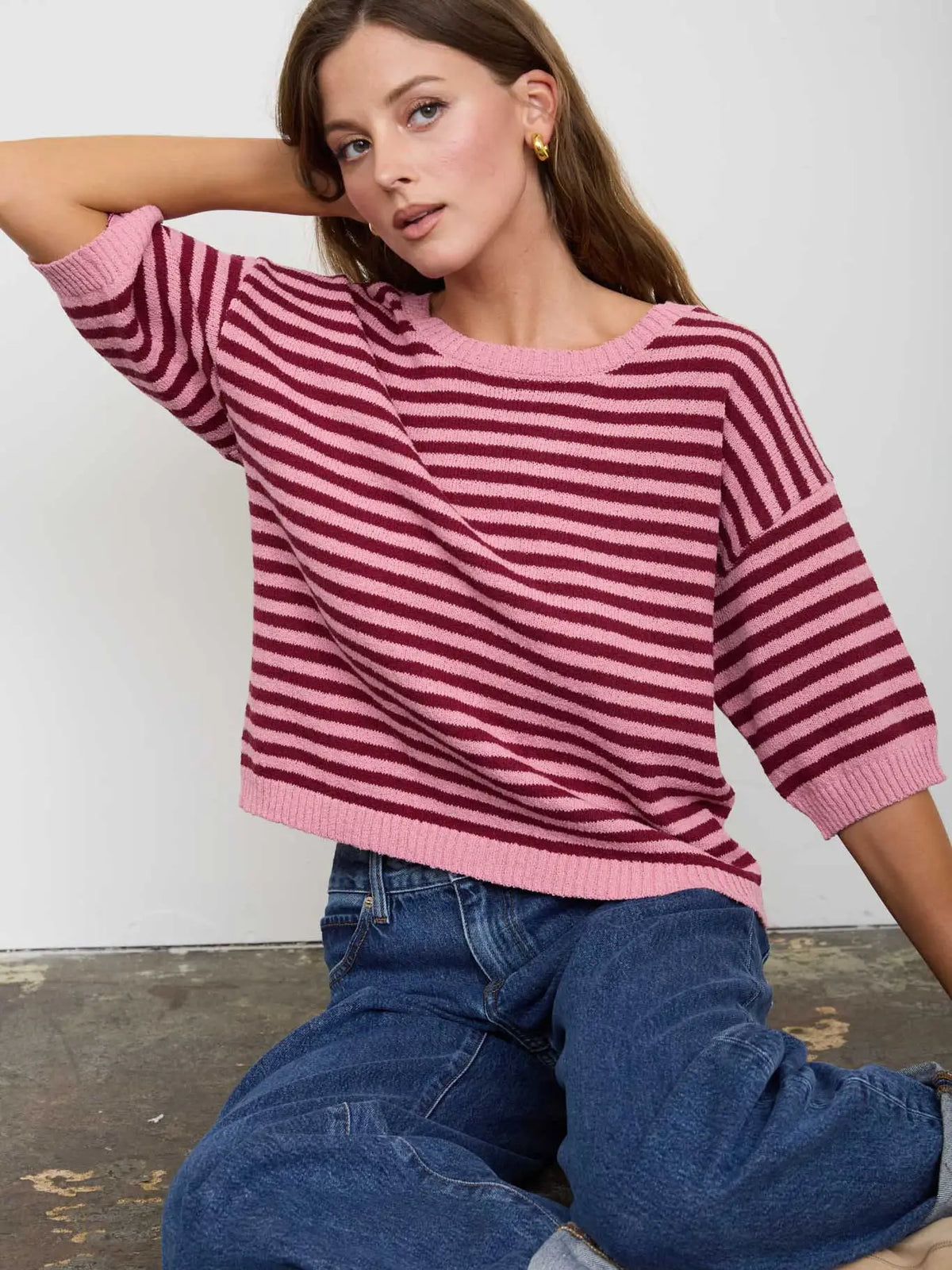 Stripe Short Sleeve Knit Sweater