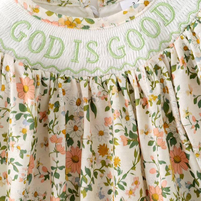 Baby Girls "GOD IS GOOD" Smocked Embroidery Floral Romper