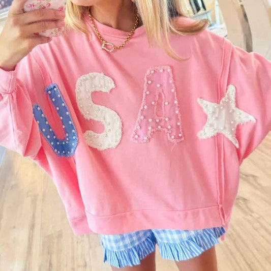 Women's USA Pearl Letter Patch Pink Oversized Sweatshirt Casual Long Sleeve Pullover