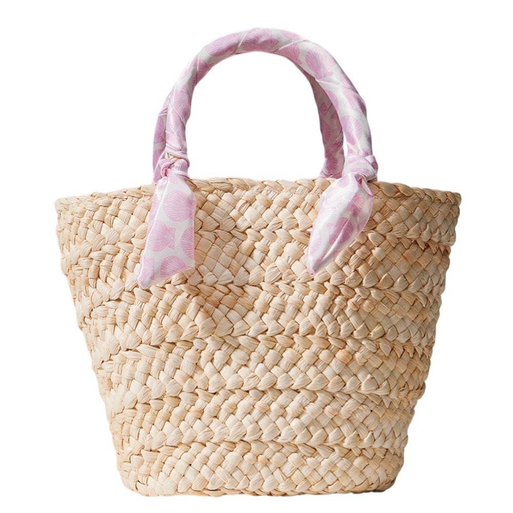 Shell Print Fabric Scarf Wrapped Handle Raffia Tote Bag