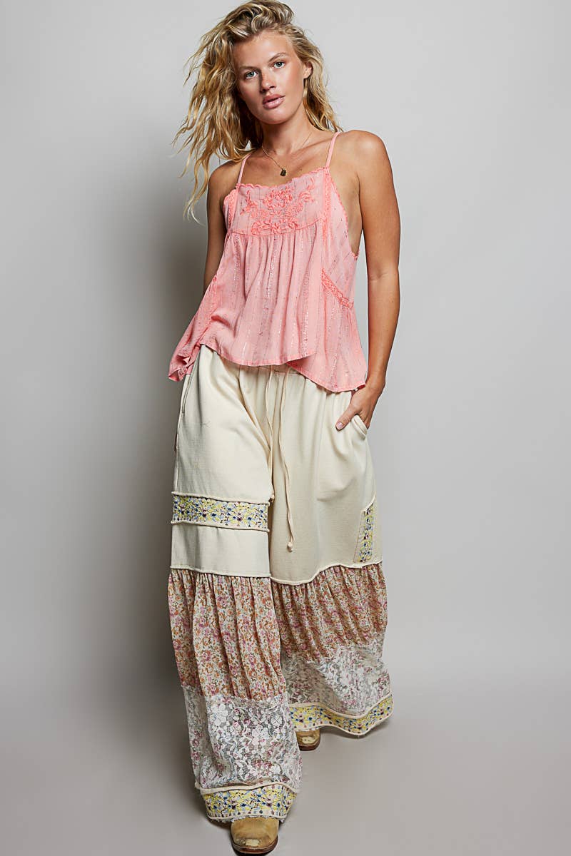Spaghetti Strap Sheer Embroidered Scallop Trim Tank Top