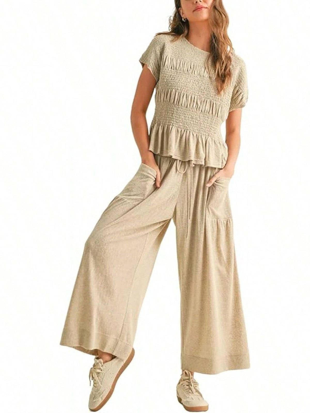 Ruffles Smocked Boho Top & Wide-Leg Pants Set