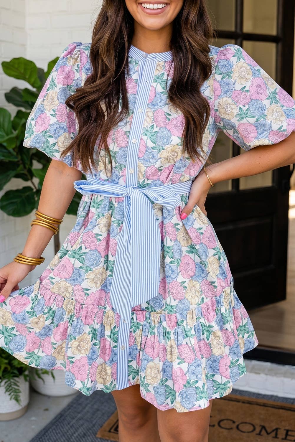 Floral Striped Belted Bubble Sleeve MIni Dress