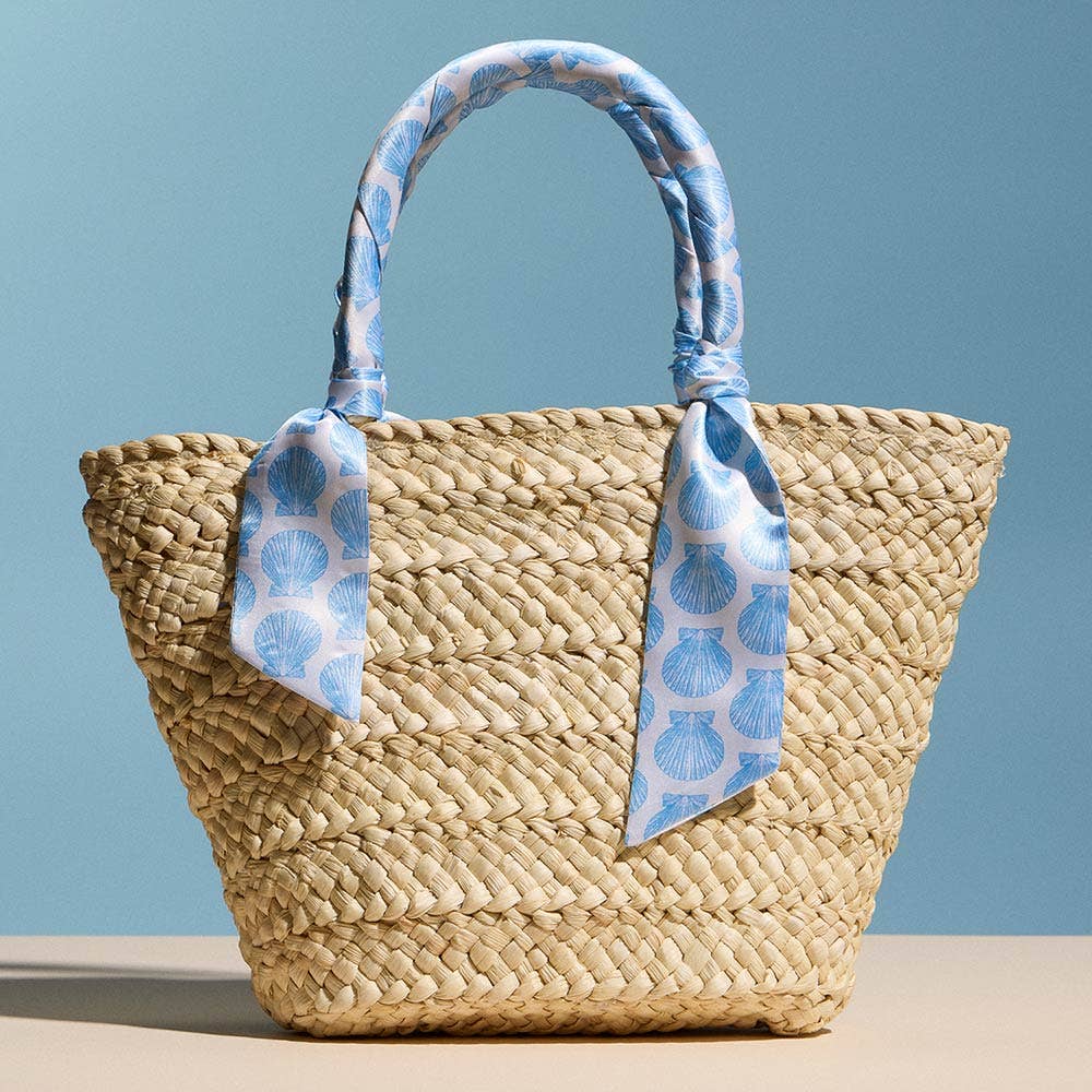 Shell Print Fabric Scarf Wrapped Handle Raffia Tote Bag
