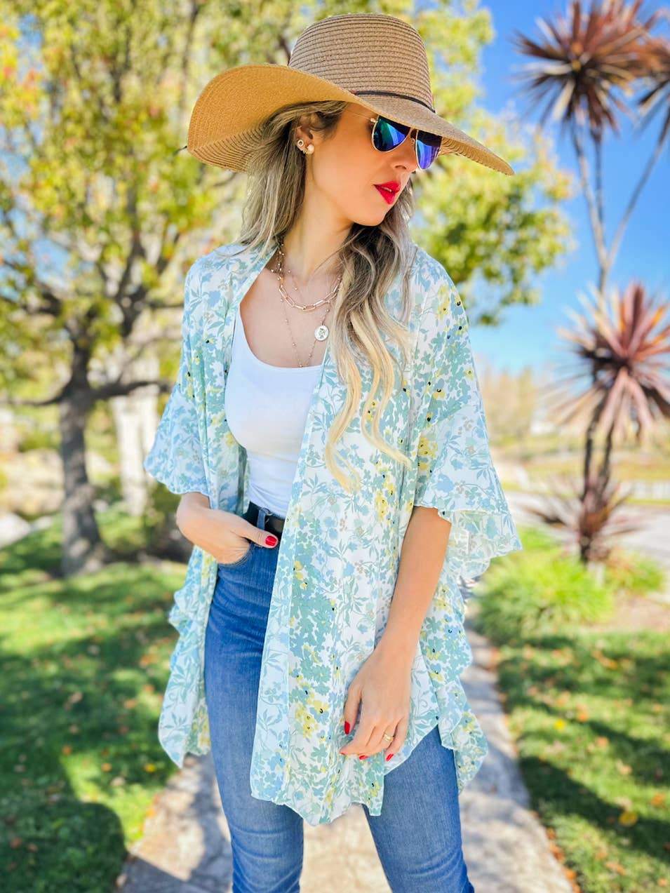 Floral Chiffon Ruffle Kimono – Lightweight Summer Layer: One Size