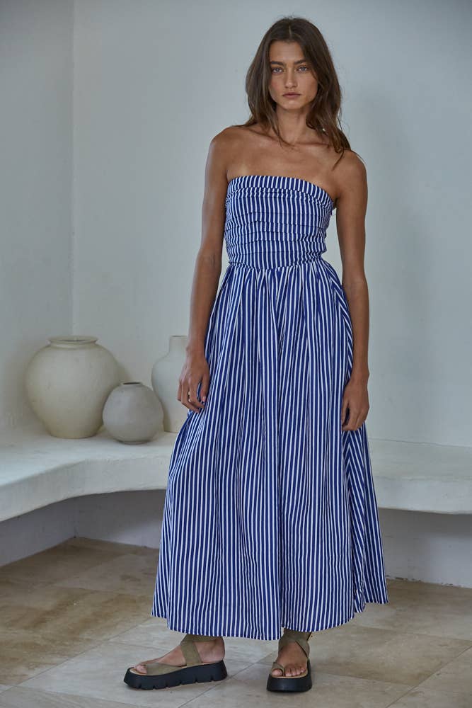 Striped Tube Neck Strapless Flare Maxi Dress: Denim Blue