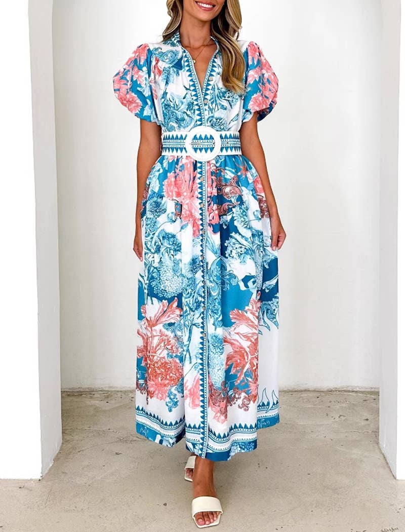 Floral Maxi Dress with Puff Sleeves and Belt