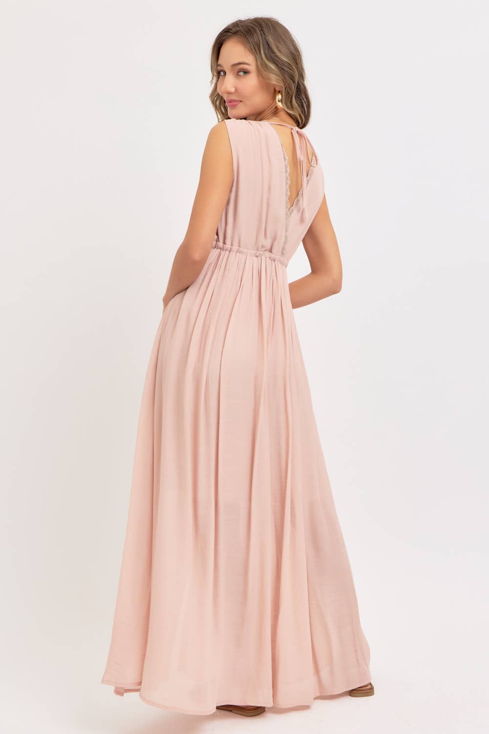 DEEP V NECKLINE MAXI DRESS: NUDE BLUSH / Contemporary