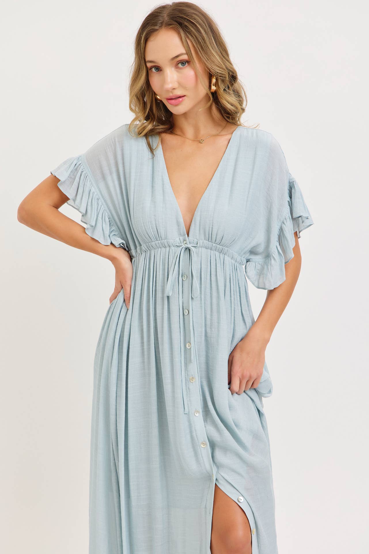 ROMANTIC V-NECKLINE ADJUSTABLE EMPIR RUFFLE FLOWY MAXI DRESS