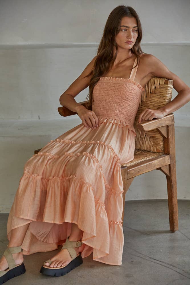 Woven Sleeveless Smocked Ruffle Hi Low Midi Dress
