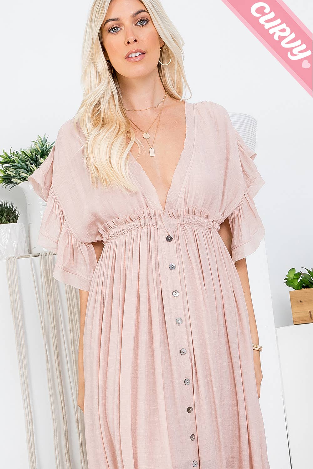 DEEP V NECKLINE BUTTONDOWN FLOWY MAXI DRESS PLUS SIZE