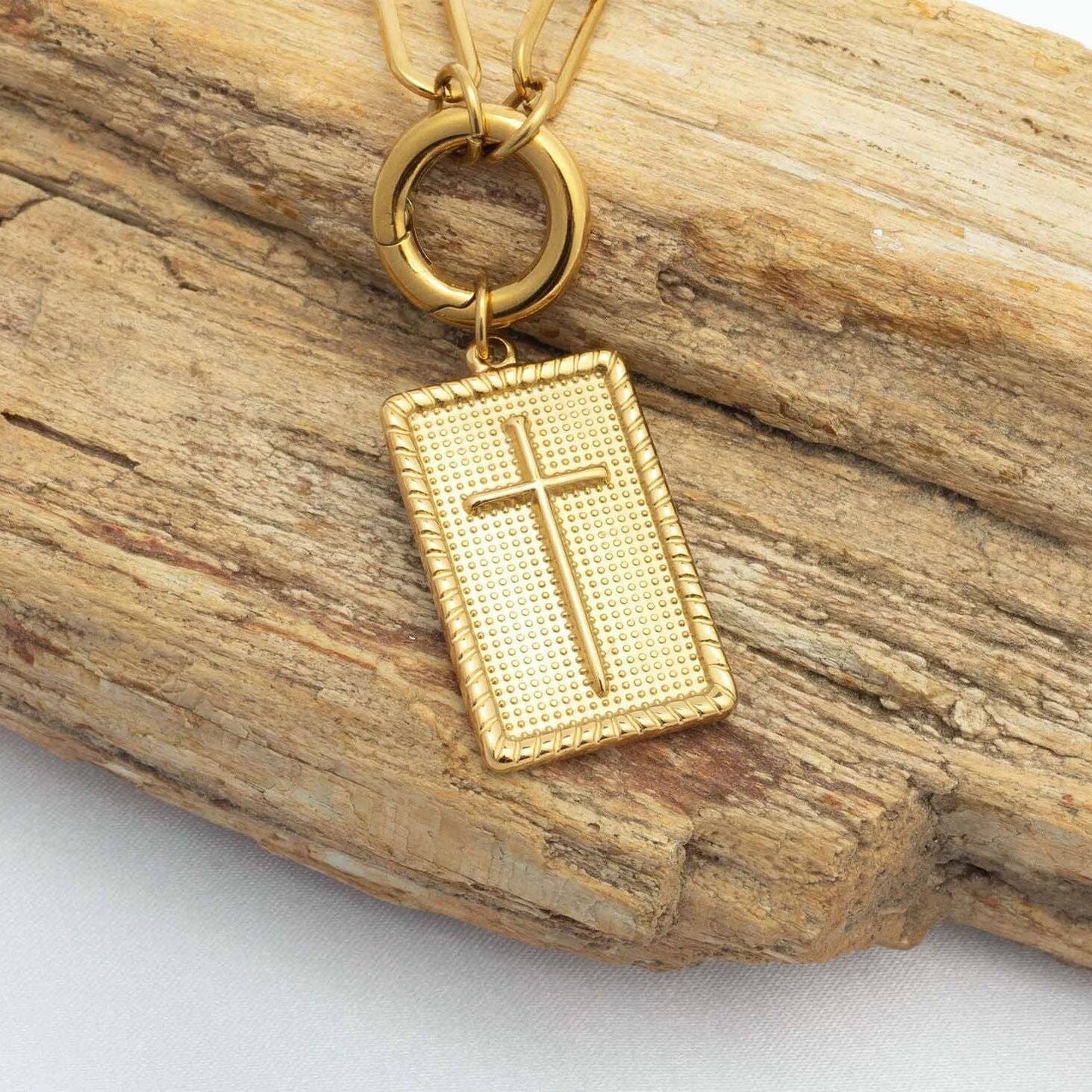 18K Gold PVD Stainless Steel Square Pendant with Cross