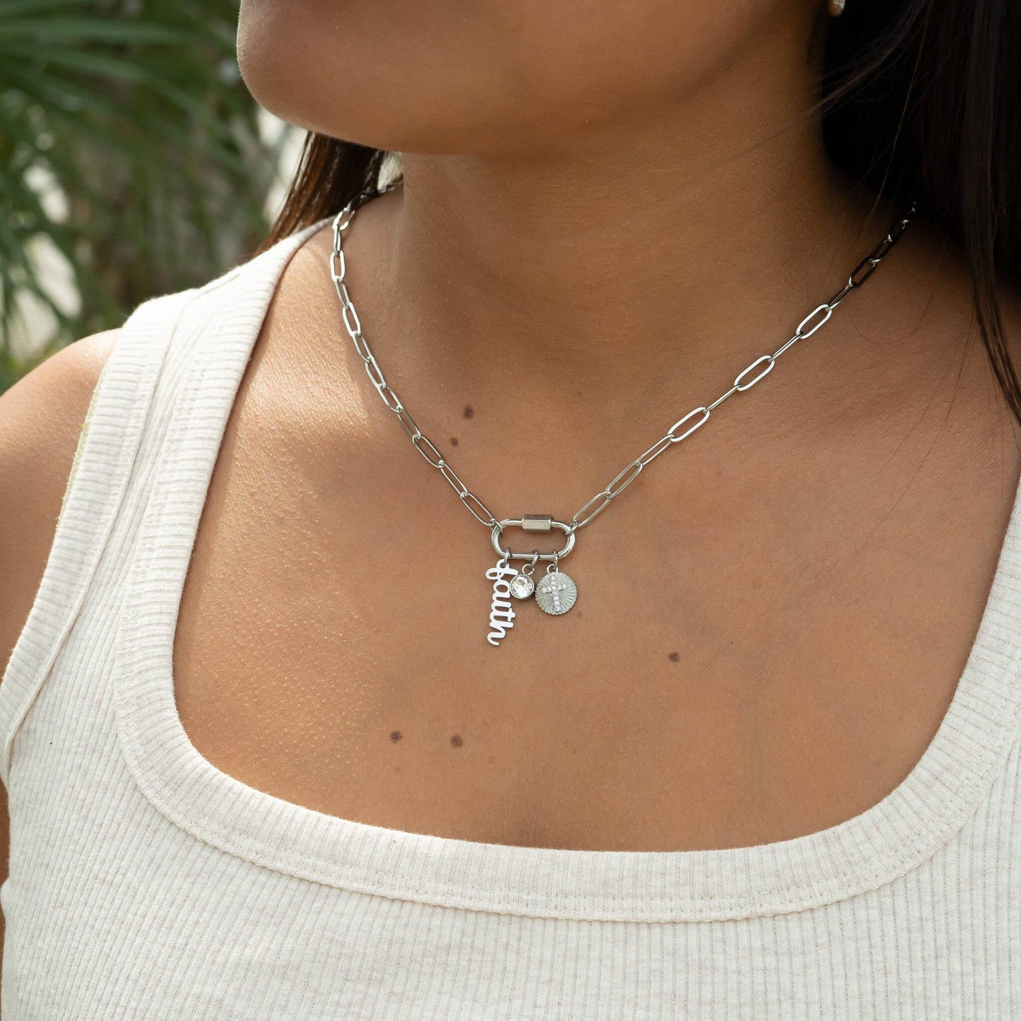 18K PVD Gold Carabiner "Faith" Paperclip Charm Necklace