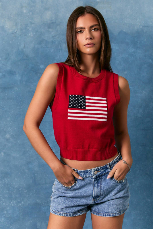 Sleeveless Crew Neck Flag Sweater Crop Top
