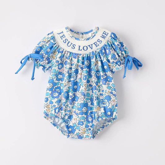 Baby Girls "JESUS LOVES ME" Blue Floral Smocked Embroidery Romper