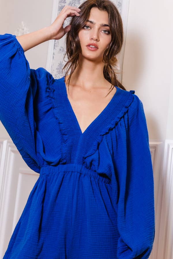Smocked V-neck Ruffled Solid Woven Romper