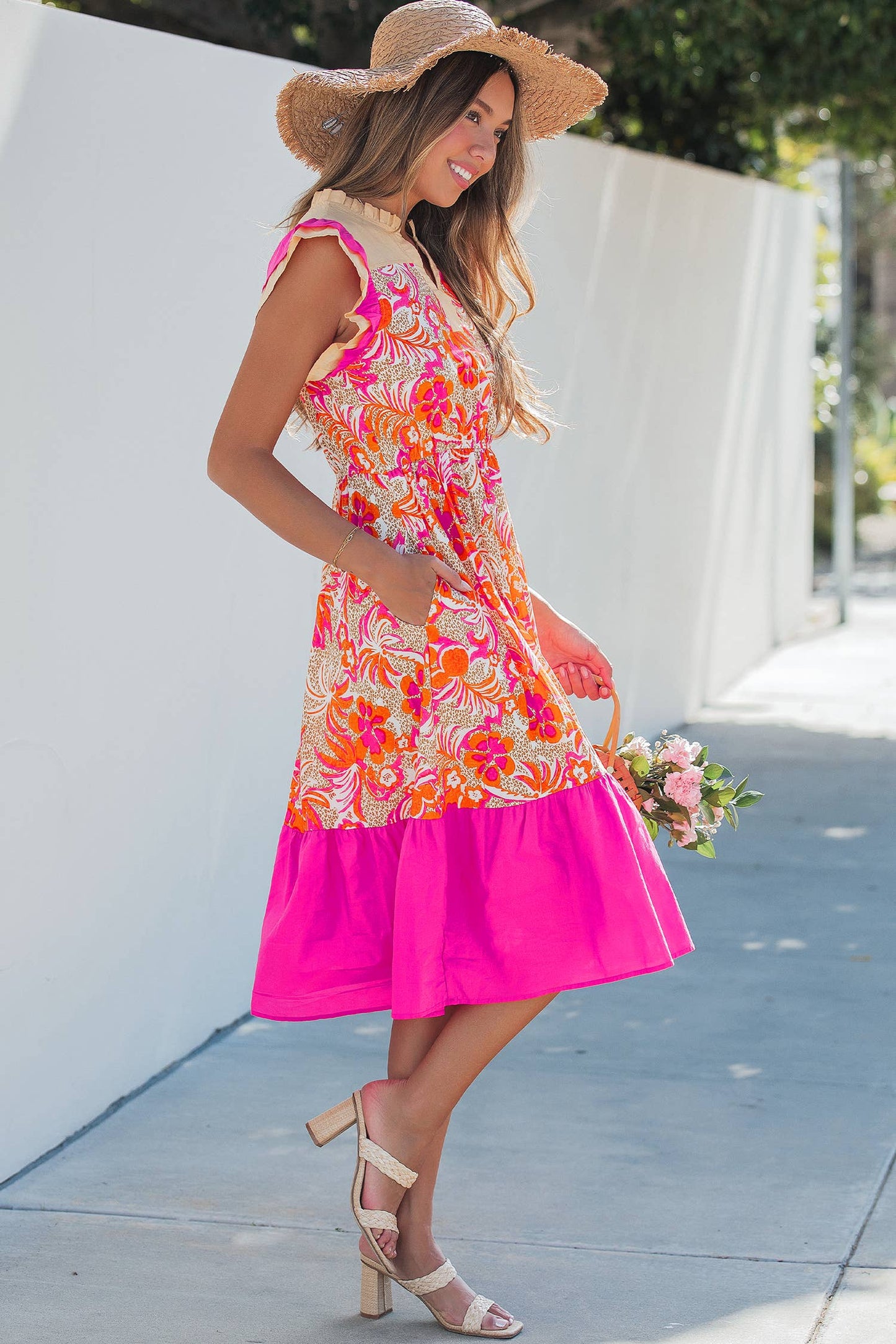Floral Color Block Ruffled Short Sleeve Flared Midi Dress