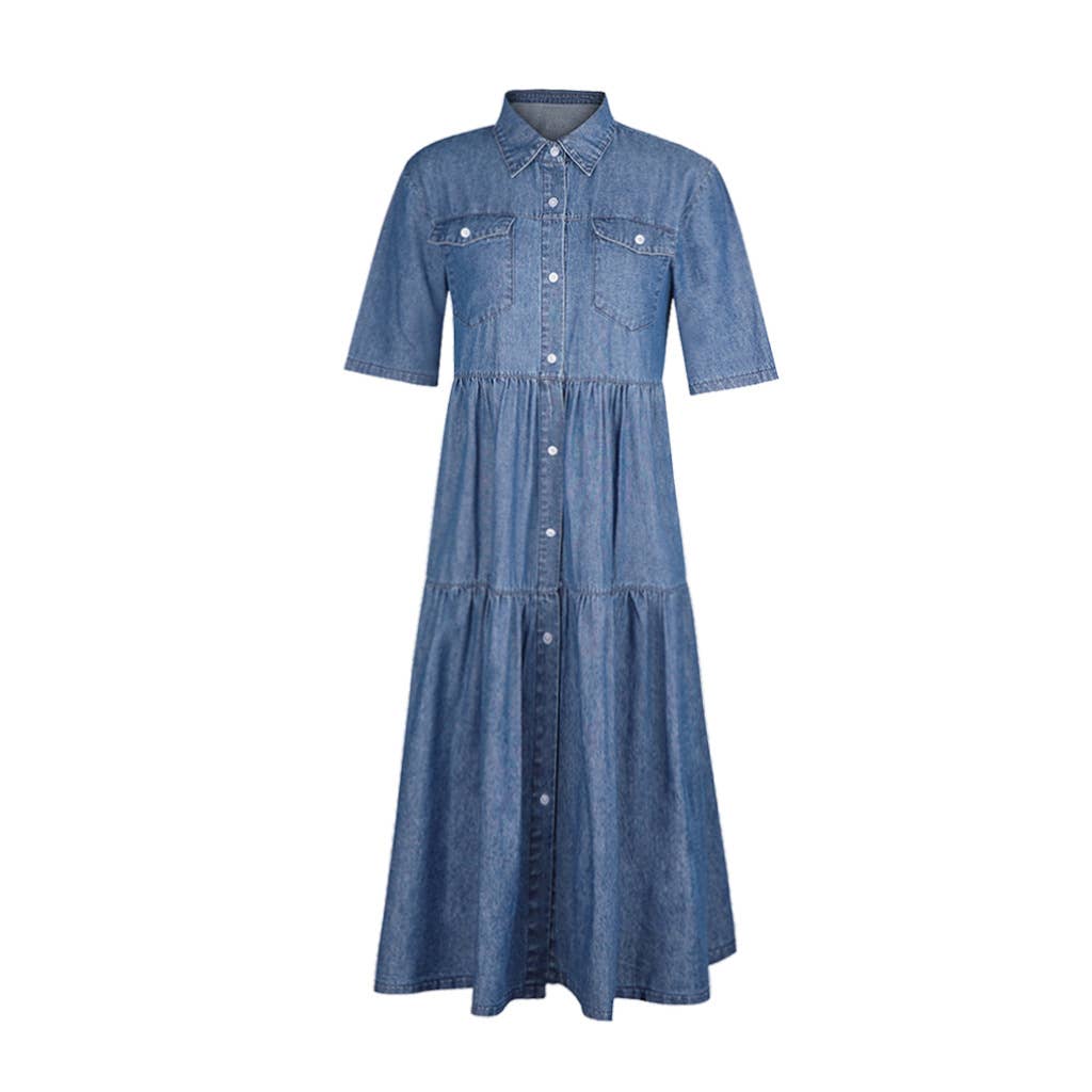 Women's Long Denim Dress with Button Front