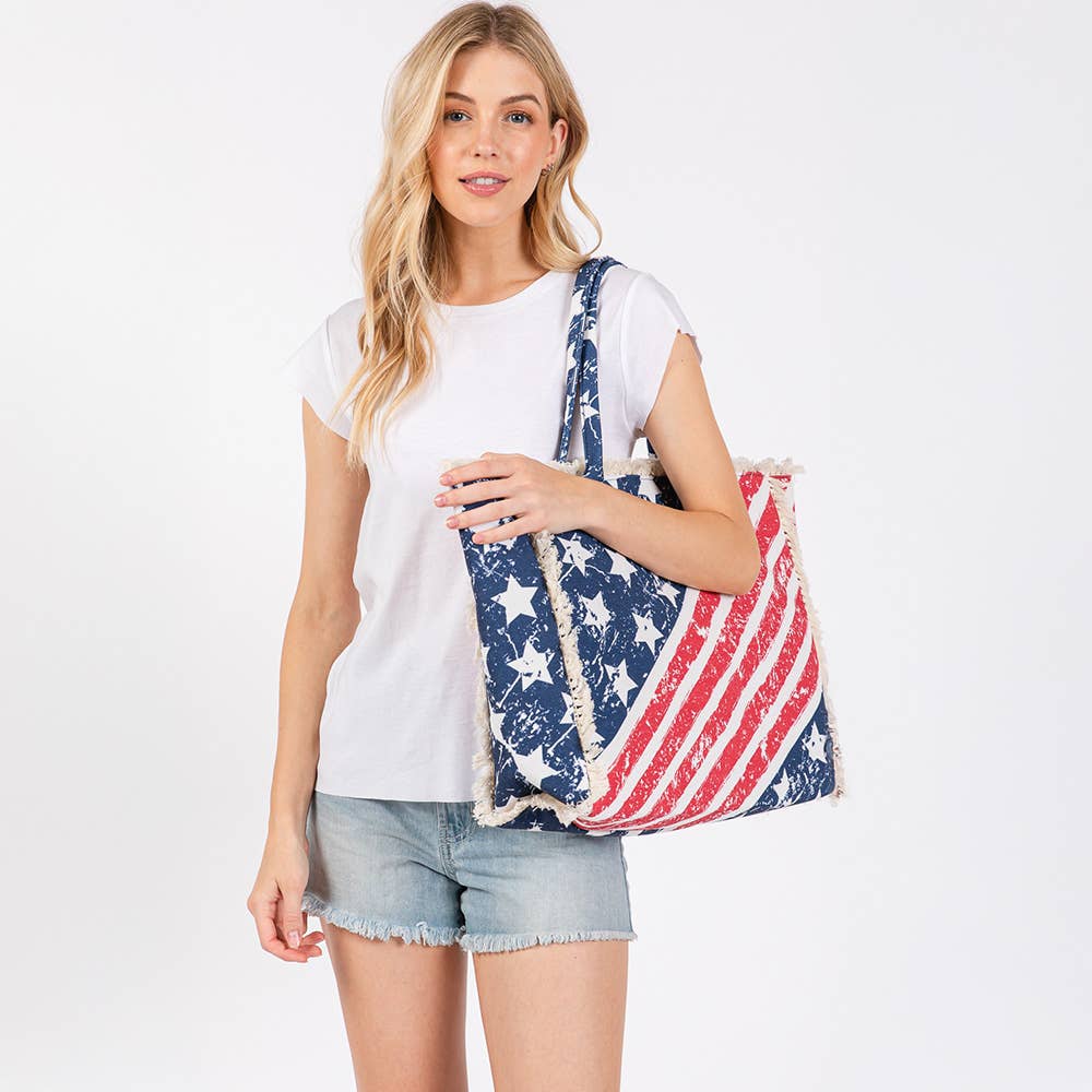 American Flag Printed Fringe Tote Bag / Beach Bag