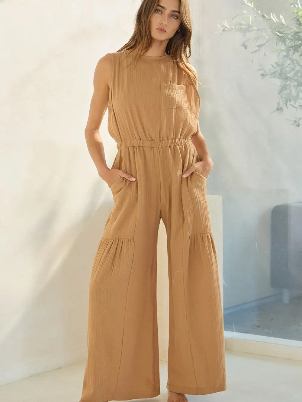 Contrast Adjustable Bow Back Jumpsuit - Camel