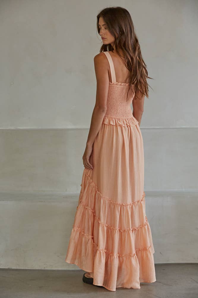 Woven Sleeveless Smocked Ruffle Hi Low Midi Dress