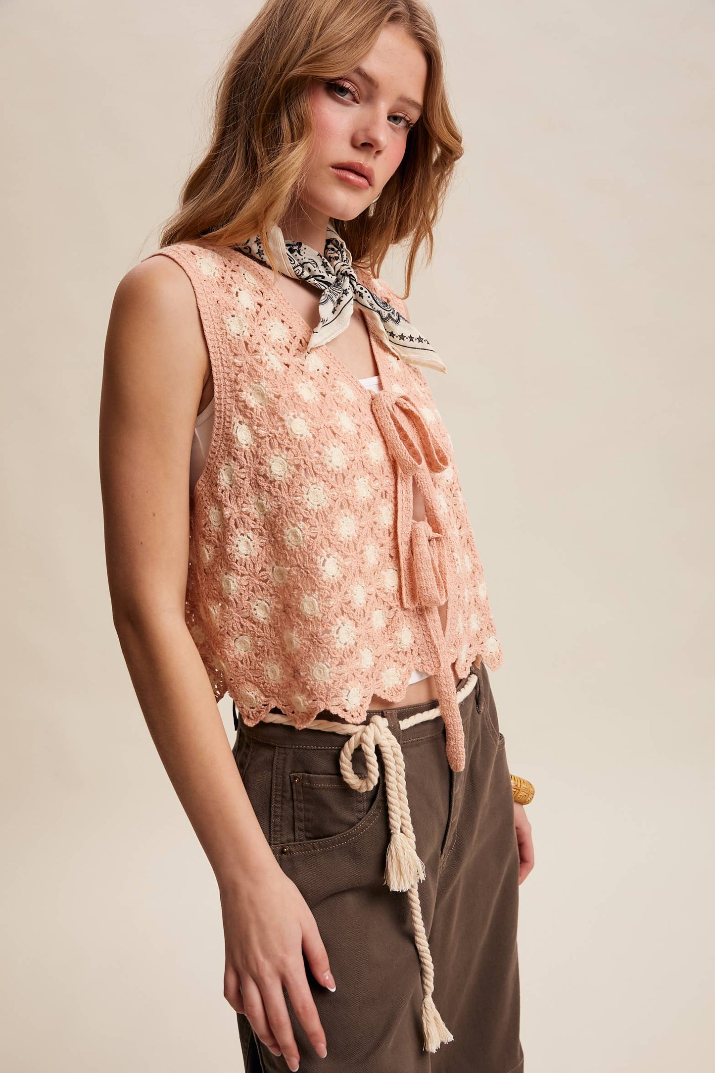 Crochet Daisy Tie-Front Vest