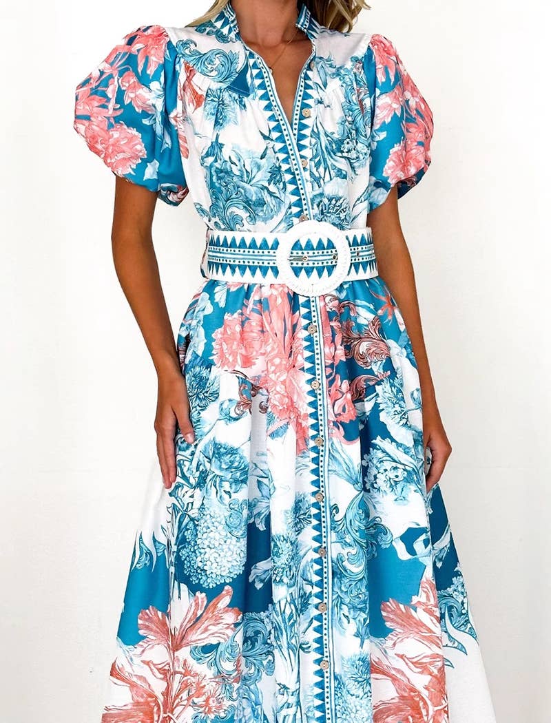 Floral Maxi Dress with Puff Sleeves and Belt
