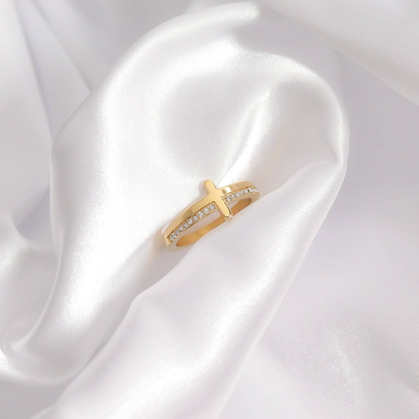18K Gold PVD Engraved Bible Verse CZ Cross Ring