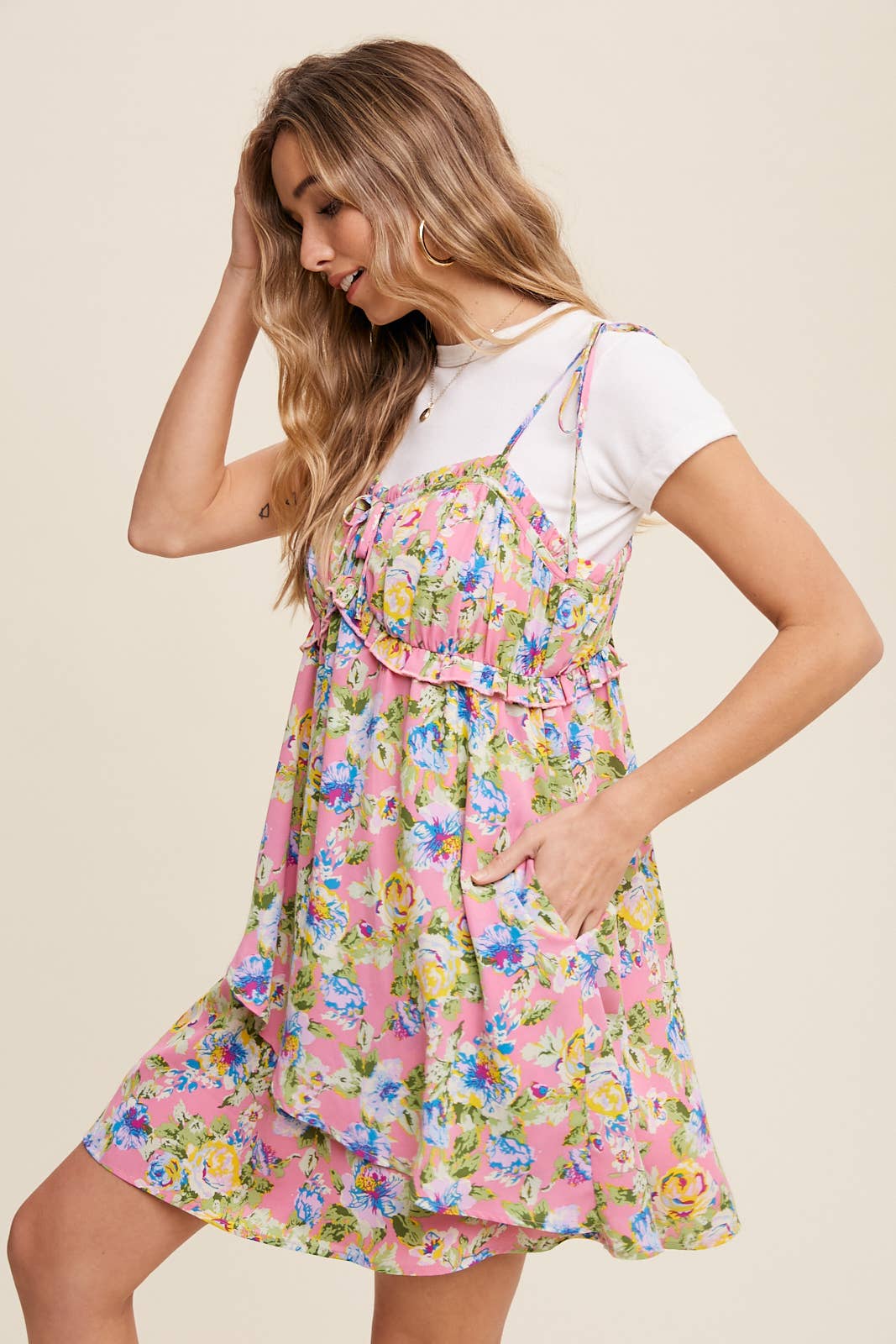 Floral Ruffle Detail Tie-Strap Dress
