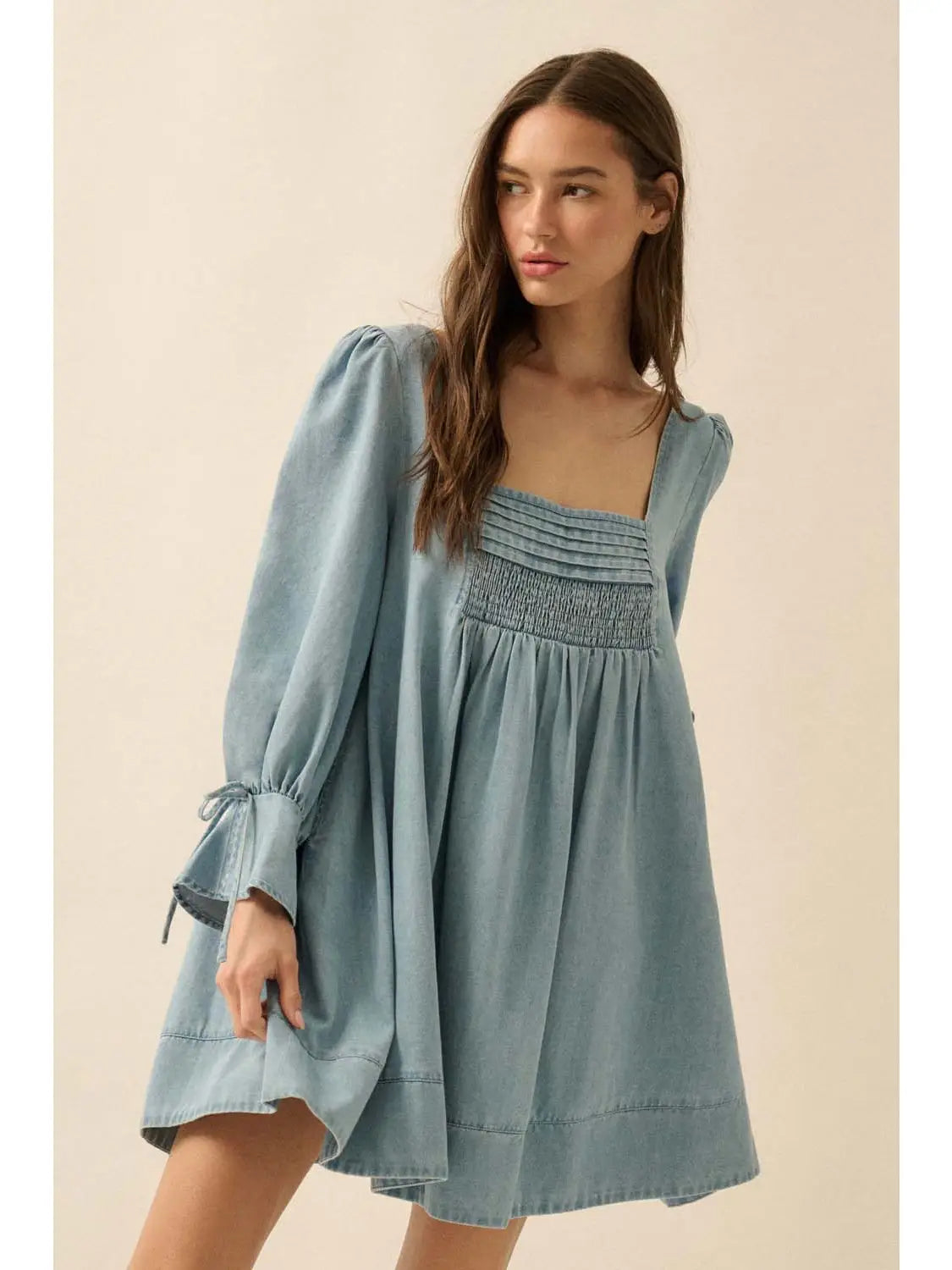 Denim Square-Neck Long-Sleeve Babydoll Mini Dress