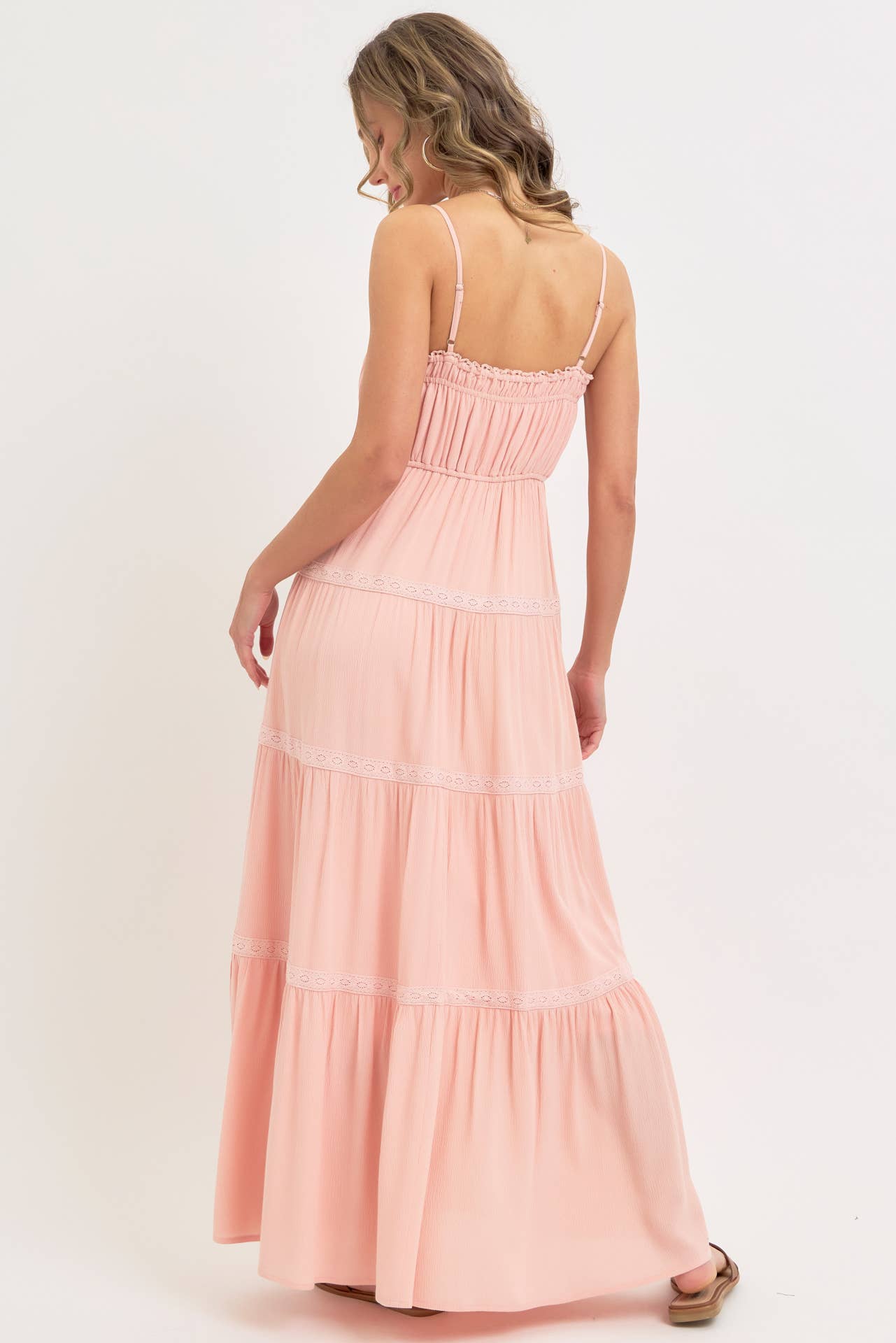 SMOCKED BRODICE TIERED MAXI DRESS: BLUSH / Contemporary