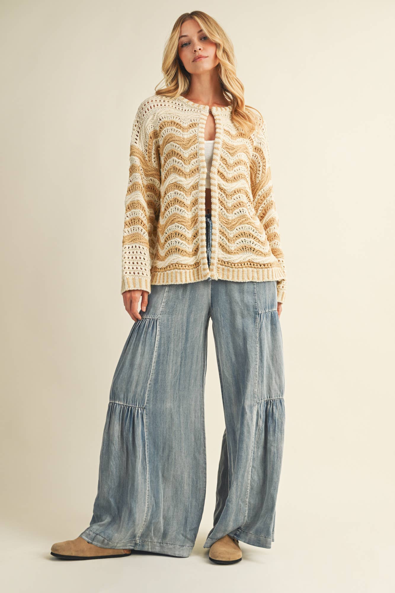 Ruffled Side Washed Denim Wide Pants