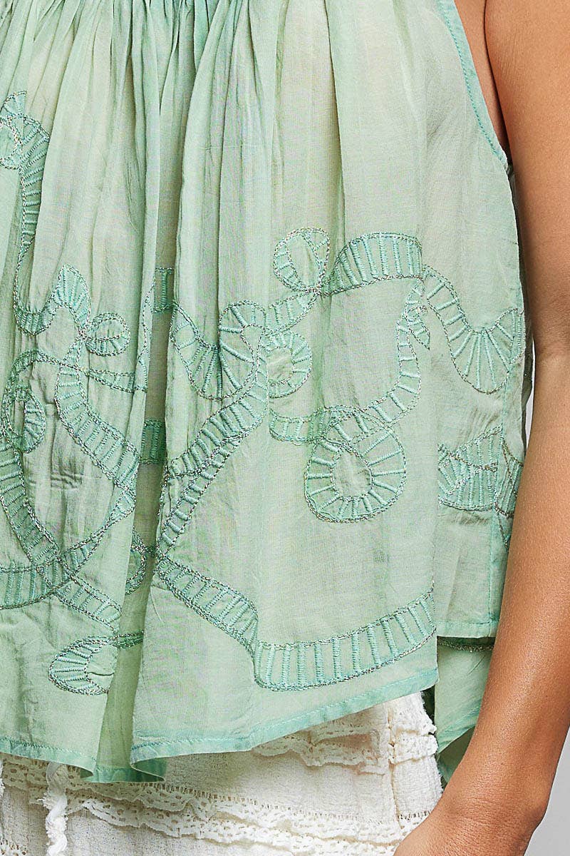 Embroidered Shirred Spangle Tassel Tie Sleeveless Top