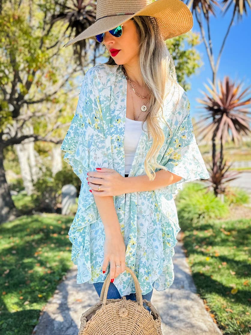Floral Chiffon Ruffle Kimono – Lightweight Summer Layer: One Size
