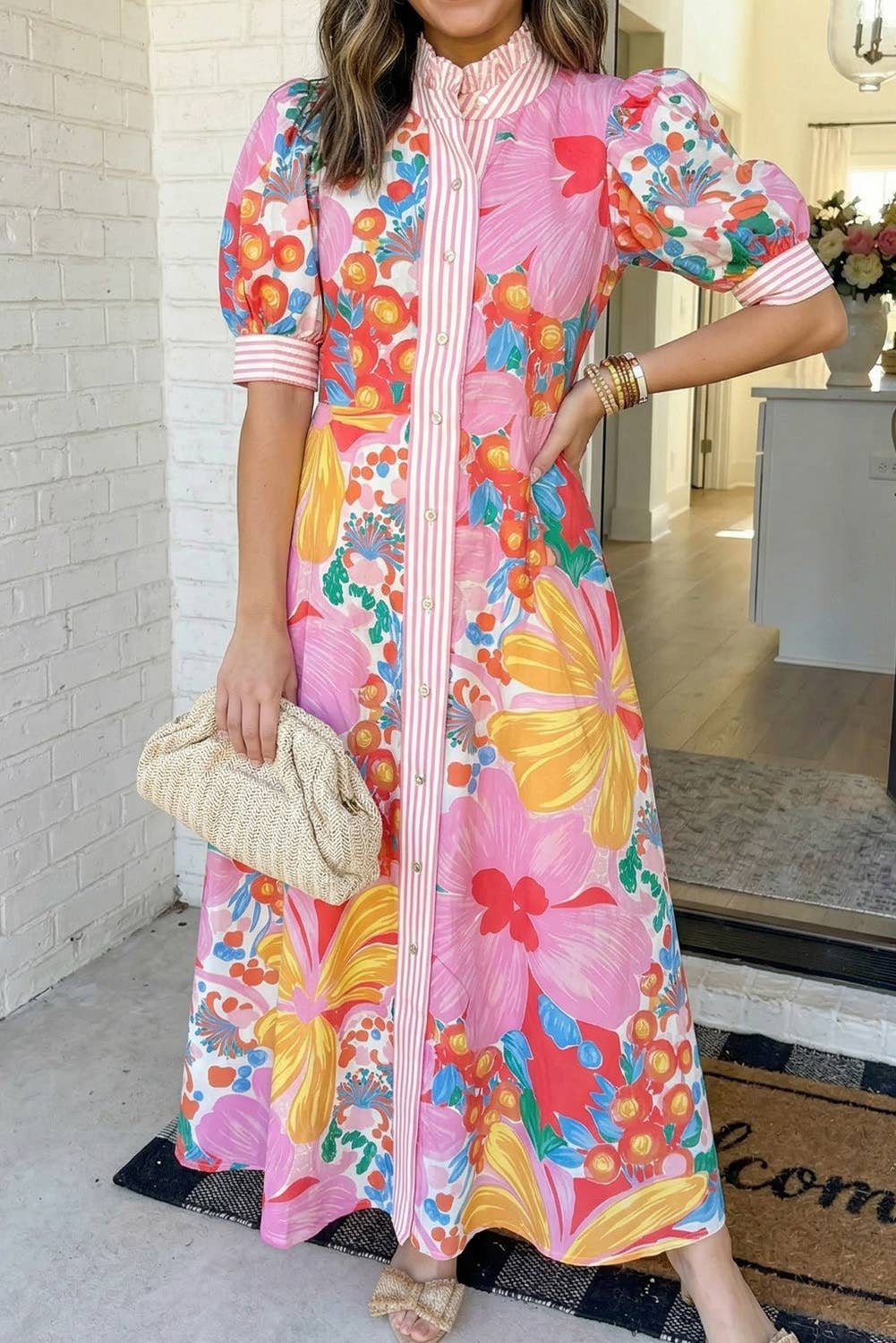 Floral Striped Trim Button-Down Vacation Dress