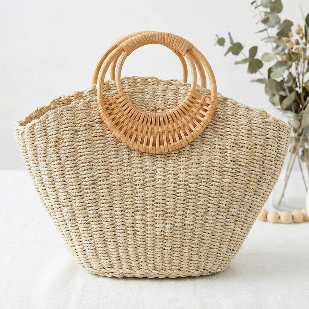 Round Handle Raffia Woven Tote Handbag